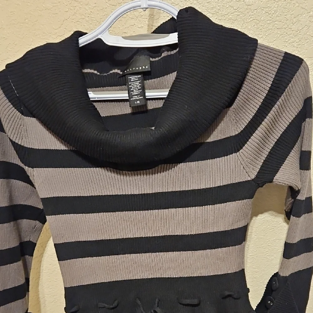 Apostrophe Black and Gray Striped Sweater Dress with Cowl Neck - Picture 3 of 11